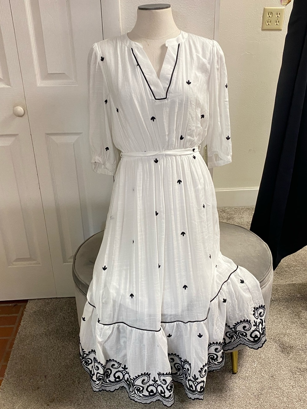 Women's White Maxi Dress with Black Embroidery